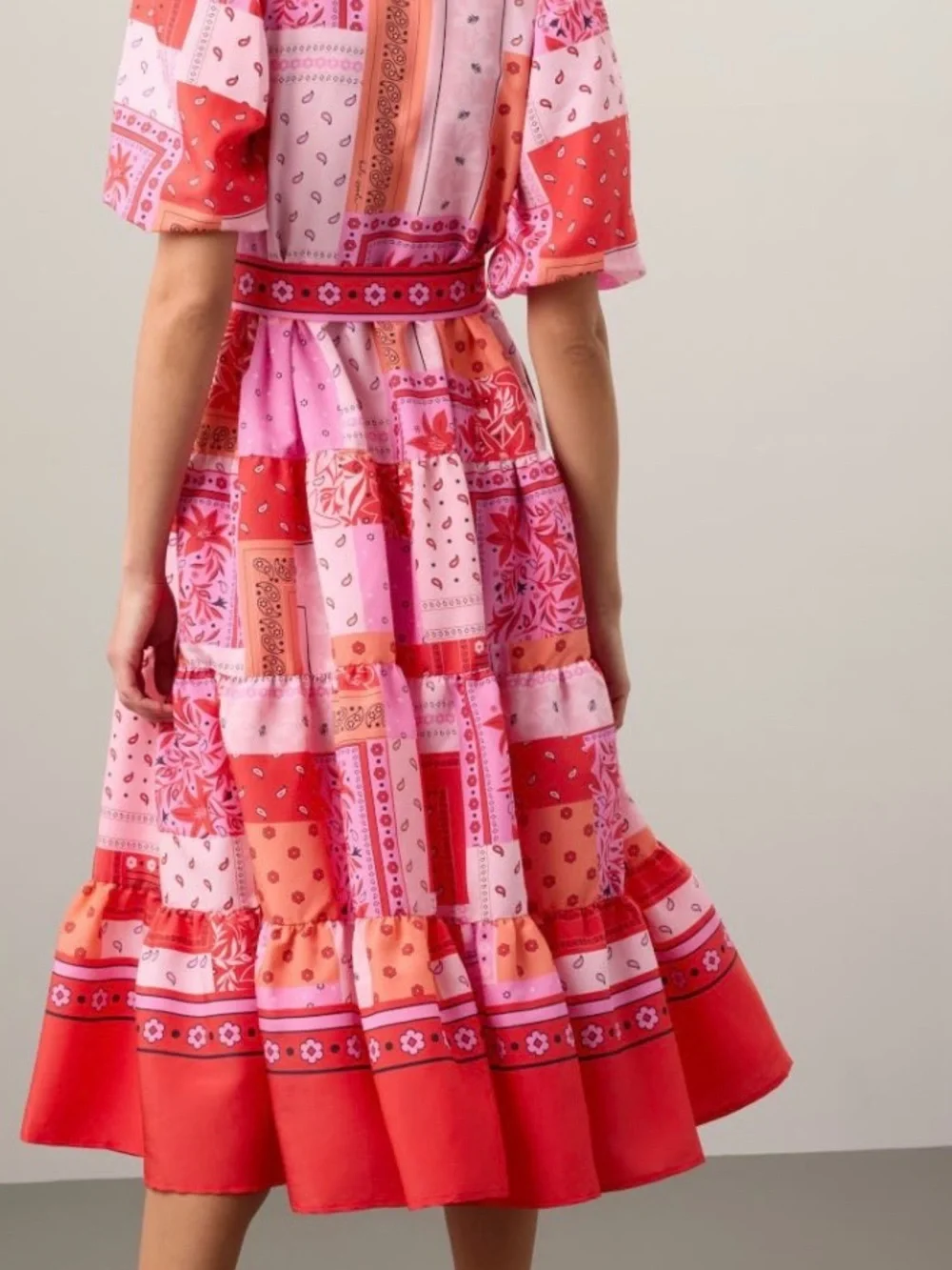 kate spade Pink and Red Patchwork Midi Dress with Waist Tie